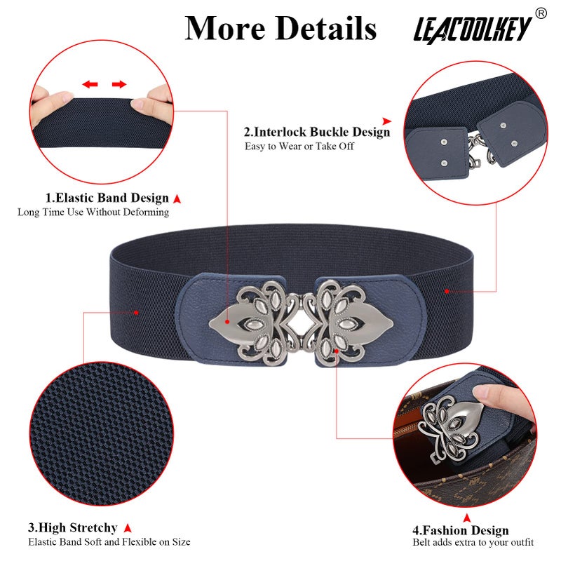 LEACOOLKEY 4 Pack Women Wide Elastic Waist Belt for Dress Plus Size Vintage Stretch Belt Retro Buckle 2.36" Width - Image 3