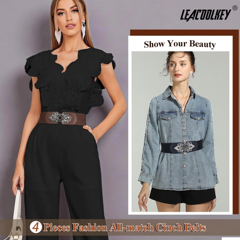 LEACOOLKEY 4 Pack Women Wide Elastic Waist Belt for Dress Plus Size Vintage Stretch Belt Retro Buckle 2.36" Width - Image 5