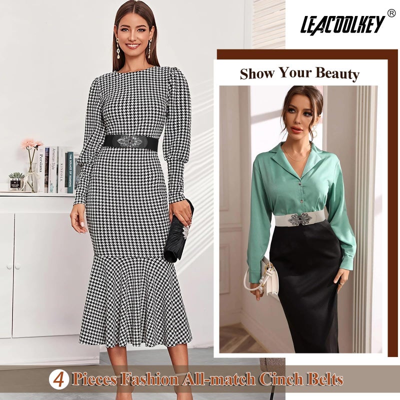 LEACOOLKEY 4 Pack Women Wide Elastic Waist Belt for Dress Plus Size Vintage Stretch Belt Retro Buckle 2.36" Width - Image 4