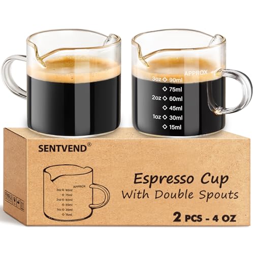 SENTVEND Espresso Cups Set of 2 4 Oz Espresso Shot Glass with Handle Double Spout Measuring Cups with Scale Clear Glass Milk Cup Coffee Accessories Great for Making Coffee Desserts Salad Dressing - Image 1