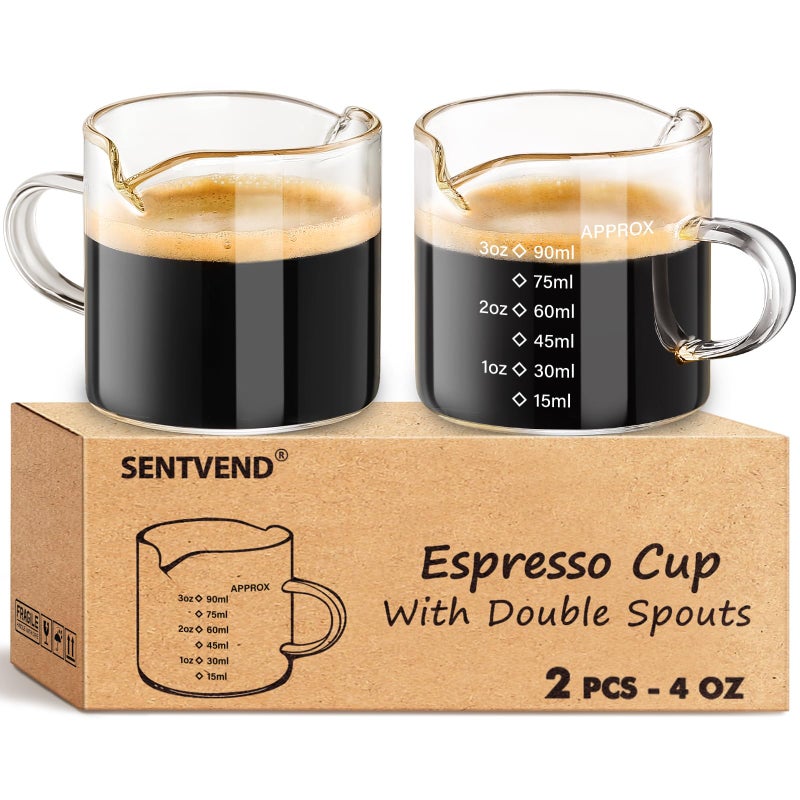 SENTVEND Espresso Cups Set of 2 4 Oz Espresso Shot Glass with Handle Double Spout Measuring Cups with Scale Clear Glass Milk Cup Coffee Accessories Great for Making Coffee Desserts Salad Dressing - Image 2