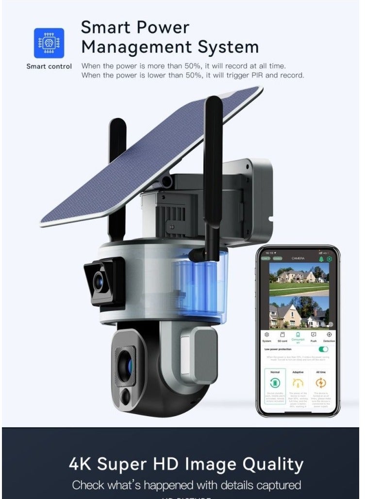 CRONY S5 Outdoor Solar Panel Security Camera, WIFI Supported, 8MP 4K Dual-Lens PTZ, 10x Zoom, 355° Panoramic Rotation, Solar/Battery Dual Power, IP66 Waterproof, Two-Way Audio, Supports Cloud & TF Card Storage (up to 256GB), No Wiring Required - Image 4
