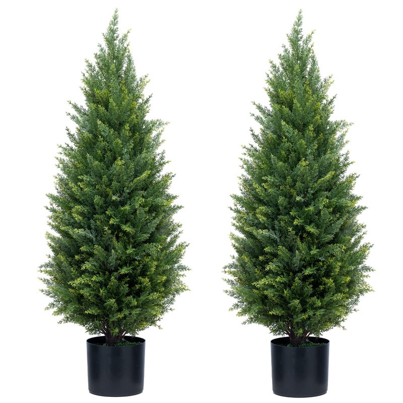 3ft Artificial Topiary Trees Artificial Cedar Trees UV Resistant Bushes Potted Set of 2 Faux Shrubs for Outdoor Indoor Front Porch Garden