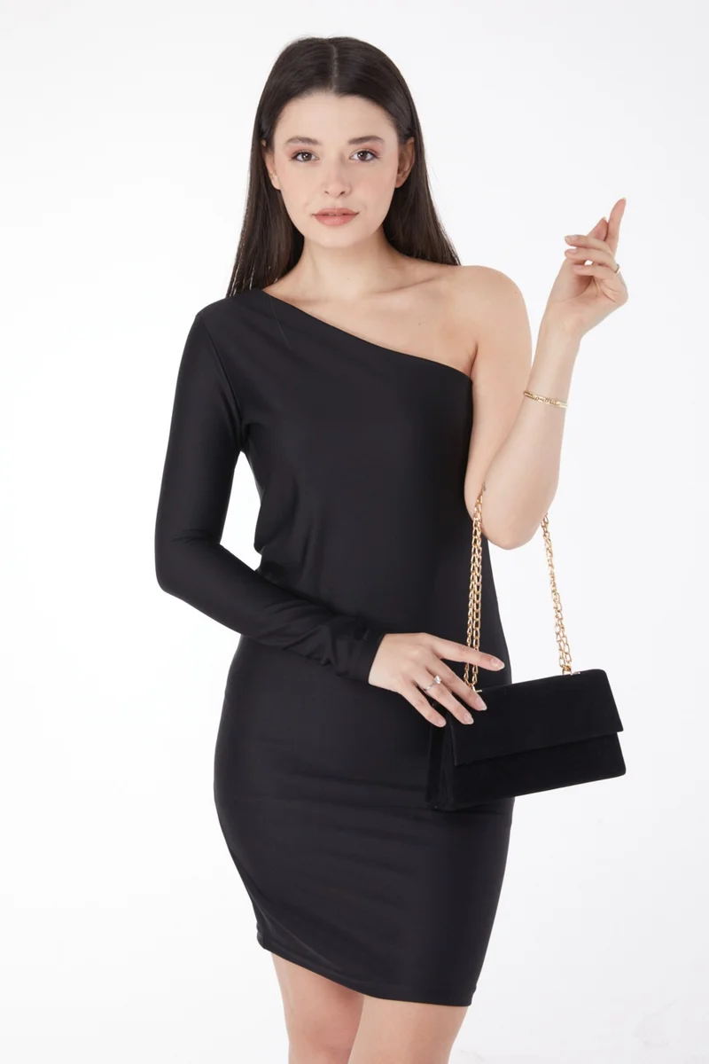 Tofisa Plain Mid Women's Black Mid Length Evening Dress - 13174