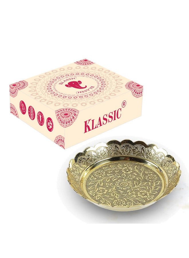 Klassic صينية بوجا كلاسيكية من النحاس مع تصميم مزخرف بالزهور لتزيين المنزل والمعابد والهدايا (ذهبي، 6.5 بوصة قطر)، 1 قطعة - Image 2