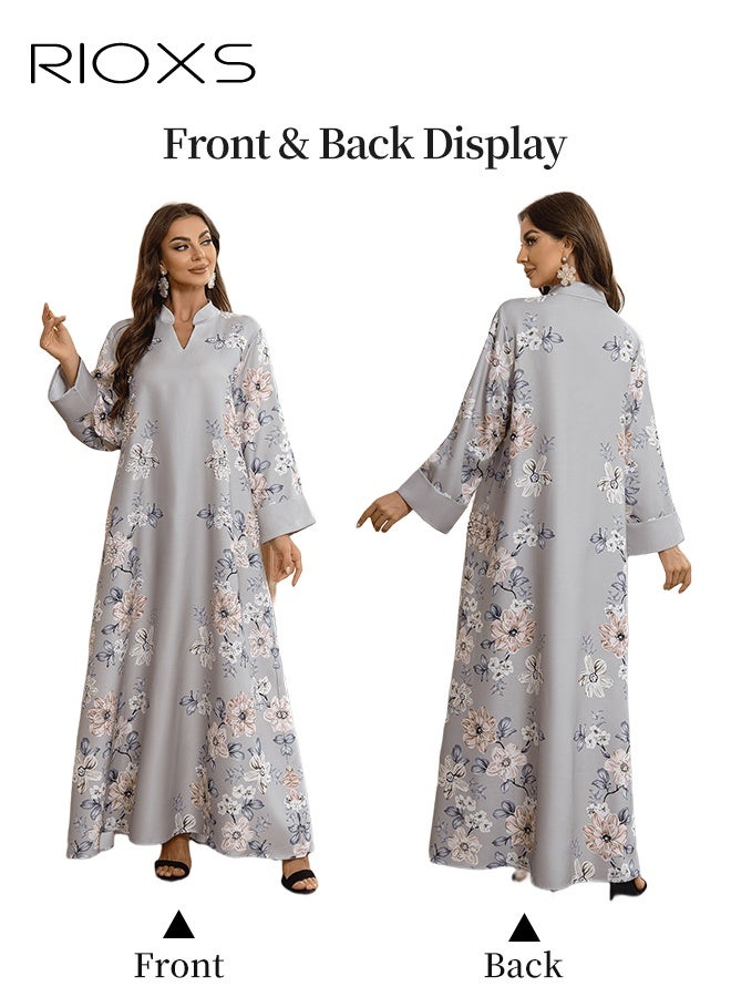 RIOXS Women's Muslim Dress, Floral Printed Pearl Arabian Dresses, Stylish Ladies Islamic Robe Maxi Clothes, Classical Elegant Evening Dress, Arab Formal Dresses for Women, Muslim Abaya Dress for Parties Festival and Special Occasions, Light Grey Flowy Womens Dresses  - Image 2