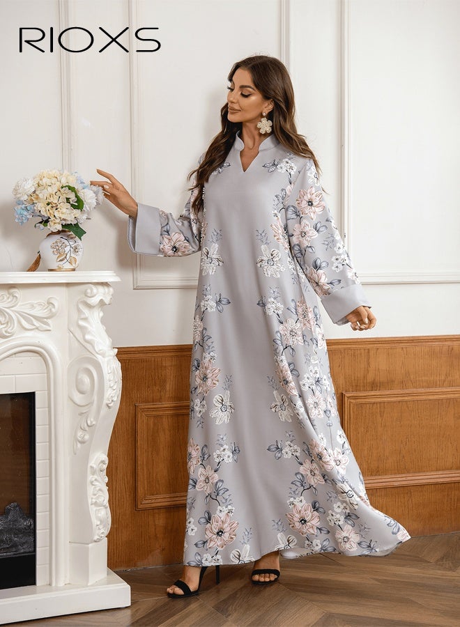 RIOXS Women's Muslim Dress, Floral Printed Pearl Arabian Dresses, Stylish Ladies Islamic Robe Maxi Clothes, Classical Elegant Evening Dress, Arab Formal Dresses for Women, Muslim Abaya Dress for Parties Festival and Special Occasions, Light Grey Flowy Womens Dresses  - Image 3