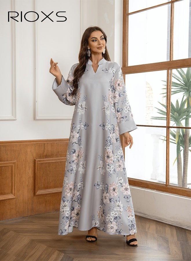 RIOXS Women's Muslim Dress, Floral Printed Pearl Arabian Dresses, Stylish Ladies Islamic Robe Maxi Clothes, Classical Elegant Evening Dress, Arab Formal Dresses for Women, Muslim Abaya Dress for Parties Festival and Special Occasions, Light Grey Flowy Womens Dresses  - Image 1