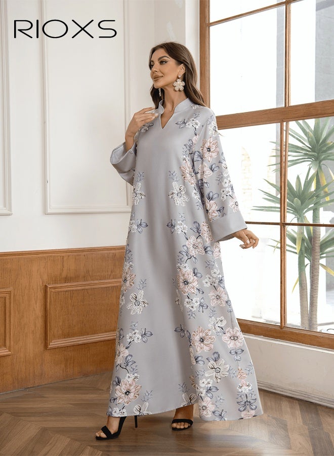 RIOXS Women's Muslim Dress, Floral Printed Pearl Arabian Dresses, Stylish Ladies Islamic Robe Maxi Clothes, Classical Elegant Evening Dress, Arab Formal Dresses for Women, Muslim Abaya Dress for Parties Festival and Special Occasions, Light Grey Flowy Womens Dresses  - Image 5
