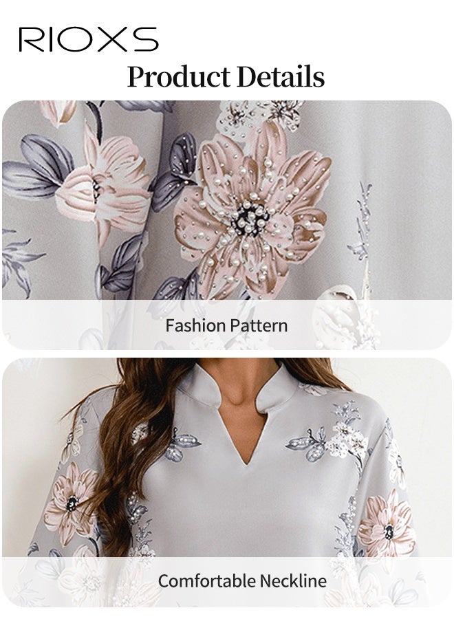 RIOXS Women's Muslim Dress, Floral Printed Pearl Arabian Dresses, Stylish Ladies Islamic Robe Maxi Clothes, Classical Elegant Evening Dress, Arab Formal Dresses for Women, Muslim Abaya Dress for Parties Festival and Special Occasions, Light Grey Flowy Womens Dresses  - Image 4