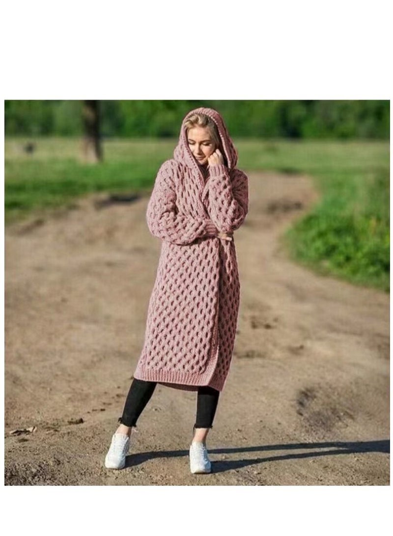 Loquat Autumn And Winter Warm New Solid Color Women's Long Knit Hooded Cardigan Coat