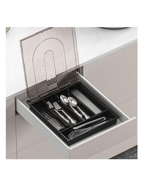 Utensil Tray with Lid, 5 Compartments Covered Silverware Organizer Case, Plastic Tray for Drawer for Spoons Forks, Plastic Cutlery and Flatware Storage Box for Kitchen Drawer and Countertop (grey)
