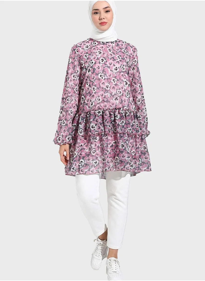 Benin by modanisa Round Neck Floral Printed Tunic