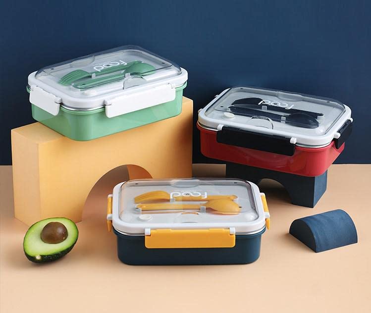 WOX MOX WOX MOX Stainless Steel 3 Compartment Insulated Lunch Box with Plastic Spoon ForkRemovable Inner PlateTiffin Box for AdultsKidsOfficeSchool MultiColor Pack of 1  - Image 3