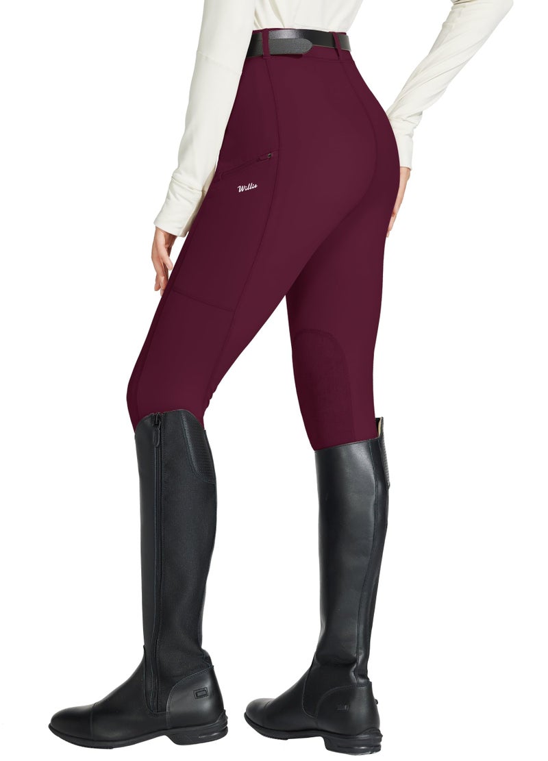 Willit Women's Horse Riding Pants Knee-Patch Equestrian Breeches Horseback Schooling Tights Zipper Pockets Burgundy XL - Image 3