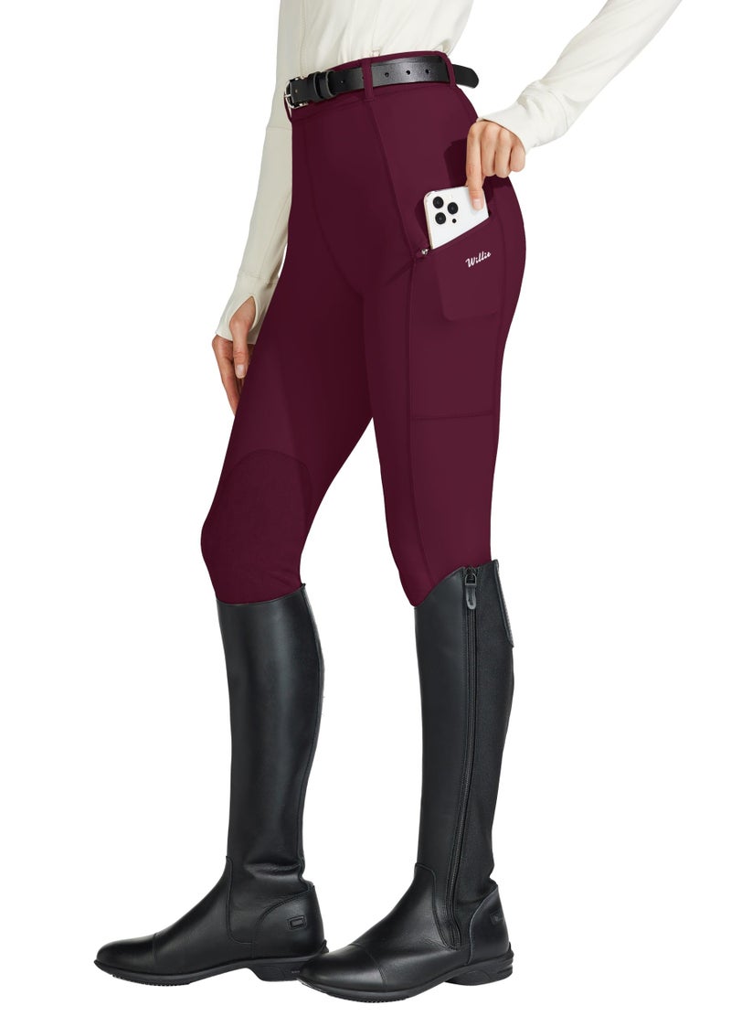 Willit Women's Horse Riding Pants Knee-Patch Equestrian Breeches Horseback Schooling Tights Zipper Pockets Burgundy XL - Image 1