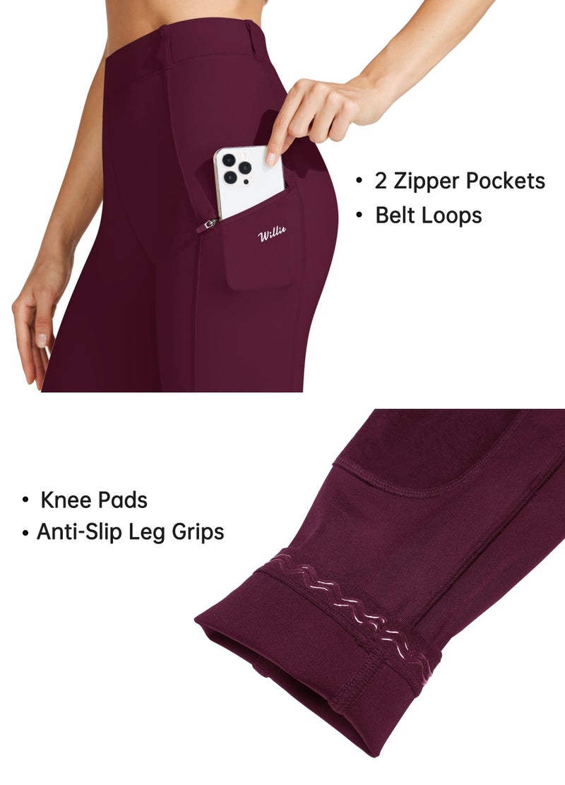 Willit Women's Horse Riding Pants Knee-Patch Equestrian Breeches Horseback Schooling Tights Zipper Pockets Burgundy XL - Image 4