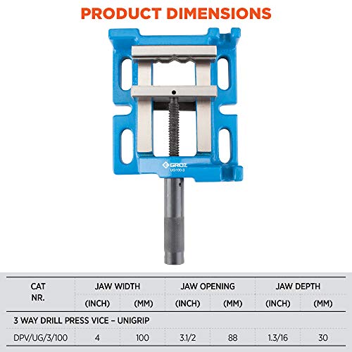 GROZ Drill Press Vice with 3 Mounting Options| Ideal for use with Drill Stands, Bench Drills & Drill Presses| All Axes Drilling| Jaw Width: 100 mm |Jaw Opening: 88 mm| Jaw Depth: 30 mm| DPV/UG/3/100 - Image 4