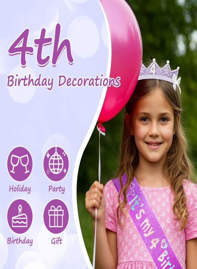 CAVETEE 4th Birthday Crown and Sash, Purple Glitter Princess Tiara, It's My 4th Birthday Sash for Party Decorations - Image 4