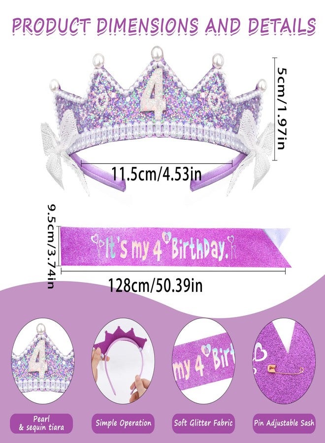 CAVETEE 4th Birthday Crown and Sash, Purple Glitter Princess Tiara, It's My 4th Birthday Sash for Party Decorations - Image 2