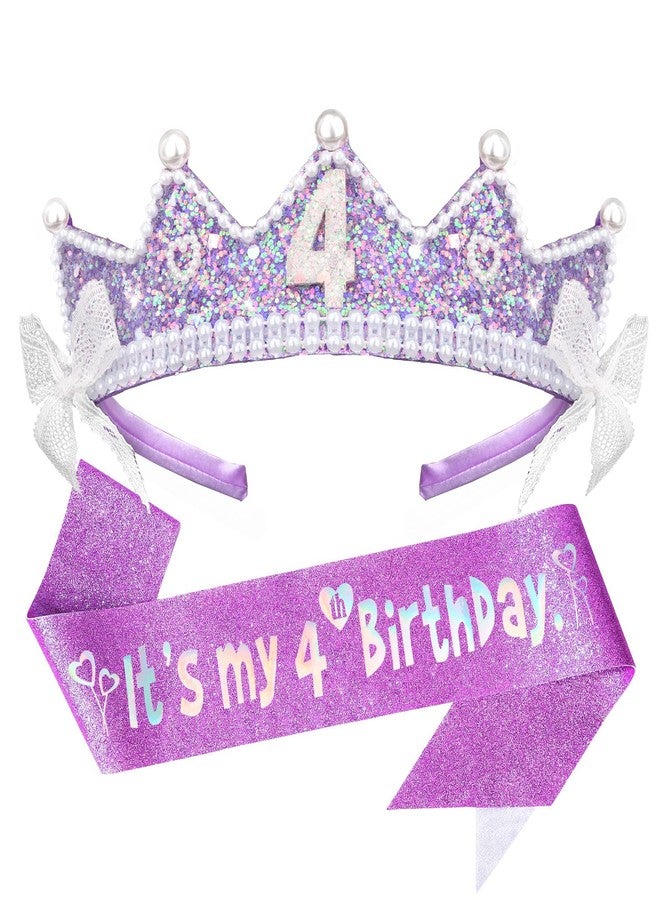 CAVETEE 4th Birthday Crown and Sash, Purple Glitter Princess Tiara, It's My 4th Birthday Sash for Party Decorations - Image 1