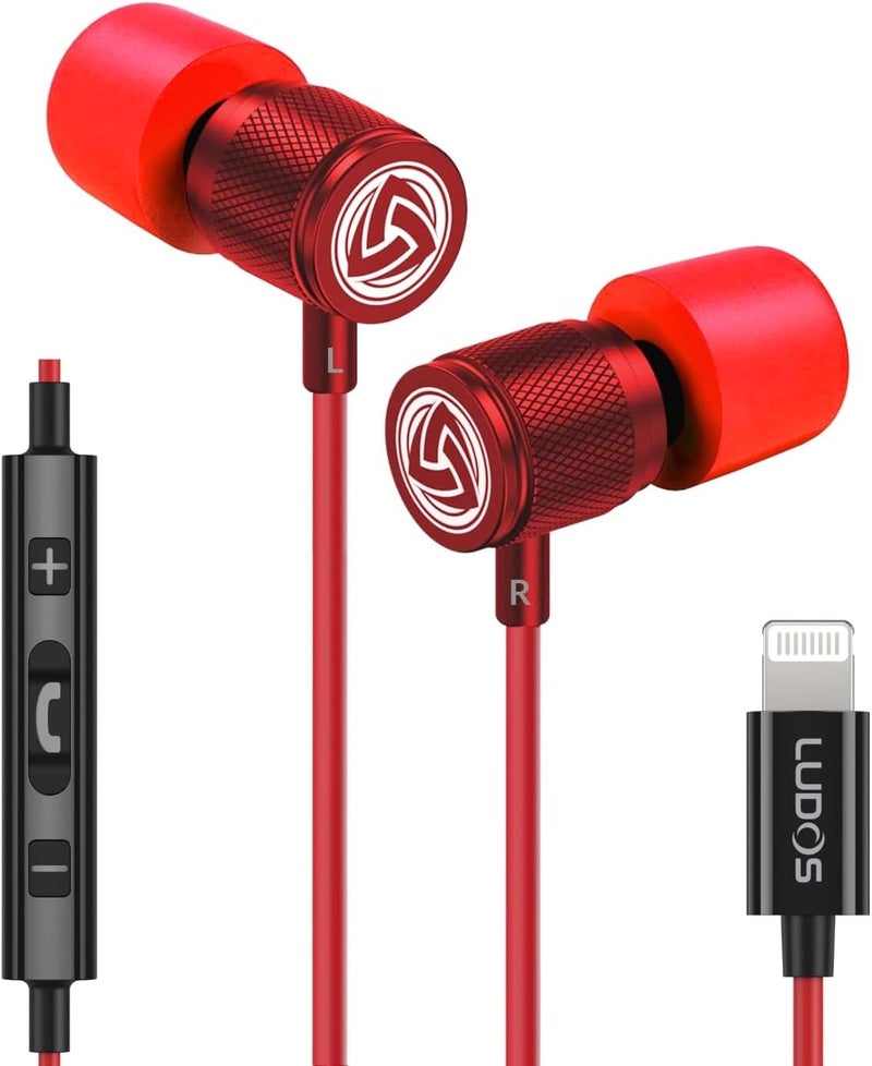 LUDOS Ultra iPhone Wired Headphones Earbuds Earphones with Lightning Connector Apple MFi Certified, 5 Years Warranty, for iPhone 14 13 12 11 Pro Max X XS XR 8 7 Plus with Microphone Control - Red - Image 1