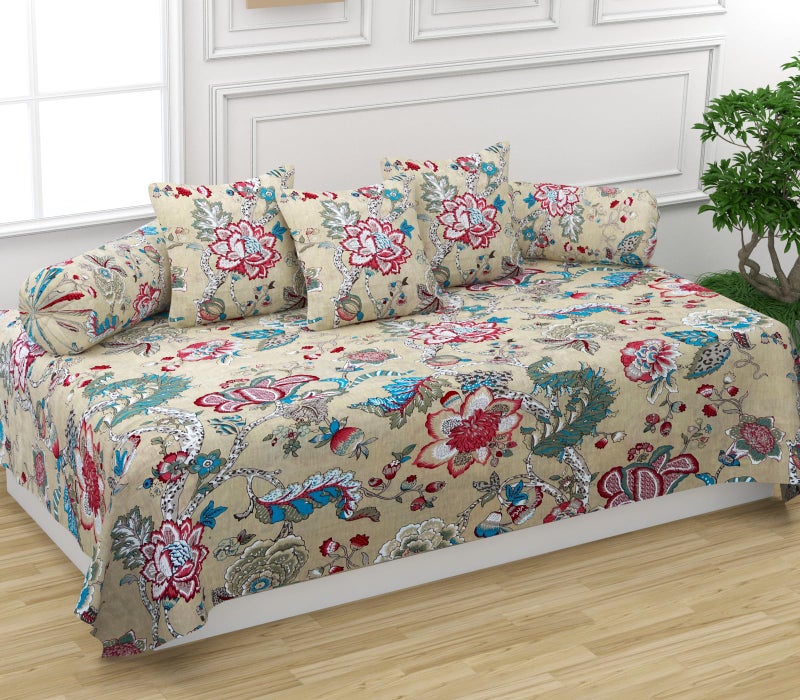 Trance Home Linen 144TC Diwan Set 100% Cotton 6 Piece | Deewan Printed Bedsheet Sets (Set of 6 Pc,1 Bed Sheet 54x88 Inch | 2-Bolster Cover 16x32 Inch | 3-Cushion Cover 16x16 Inch) Malhaar Red - Image 1