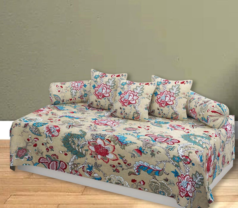 Trance Home Linen 144TC Diwan Set 100% Cotton 6 Piece | Deewan Printed Bedsheet Sets (Set of 6 Pc,1 Bed Sheet 54x88 Inch | 2-Bolster Cover 16x32 Inch | 3-Cushion Cover 16x16 Inch) Malhaar Red - Image 2