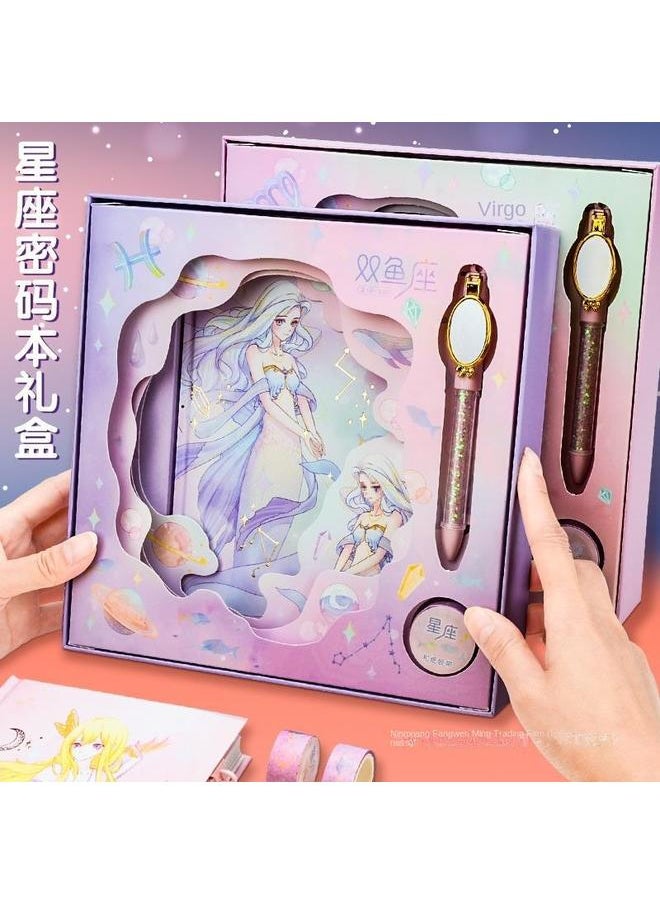 Bluejw - Twelve Constellations Girl Password Book Gift Box Color Page Hand Account Book Notebook Girl Heart With Lock Diary Book Suit Study - Image 1
