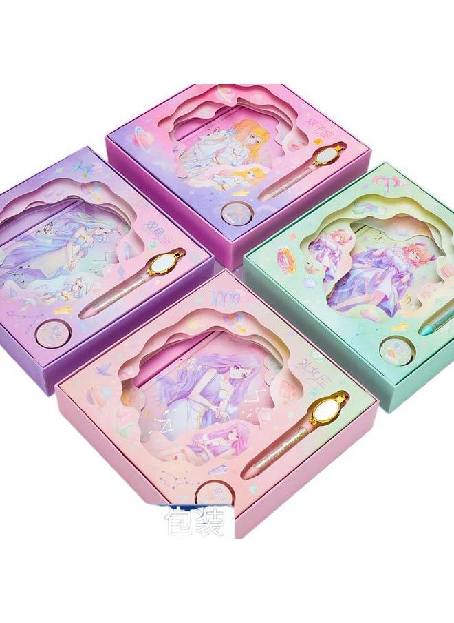 Bluejw - Twelve Constellations Girl Password Book Gift Box Color Page Hand Account Book Notebook Girl Heart With Lock Diary Book Suit Study - Image 1