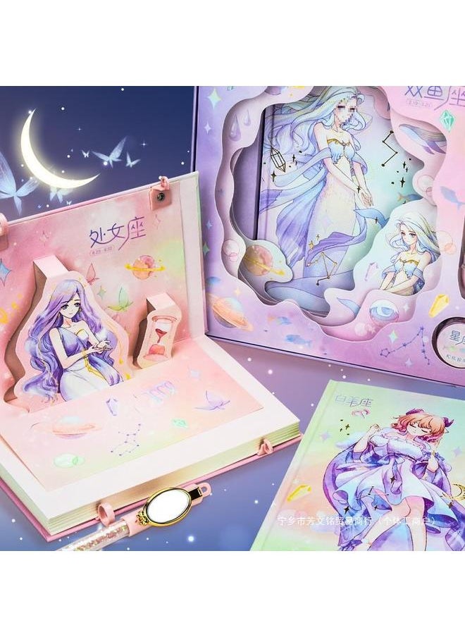 Bluejw - Twelve Constellations Girl Password Book Gift Box Color Page Hand Account Book Notebook Girl Heart With Lock Diary Book Suit Study - Image 1