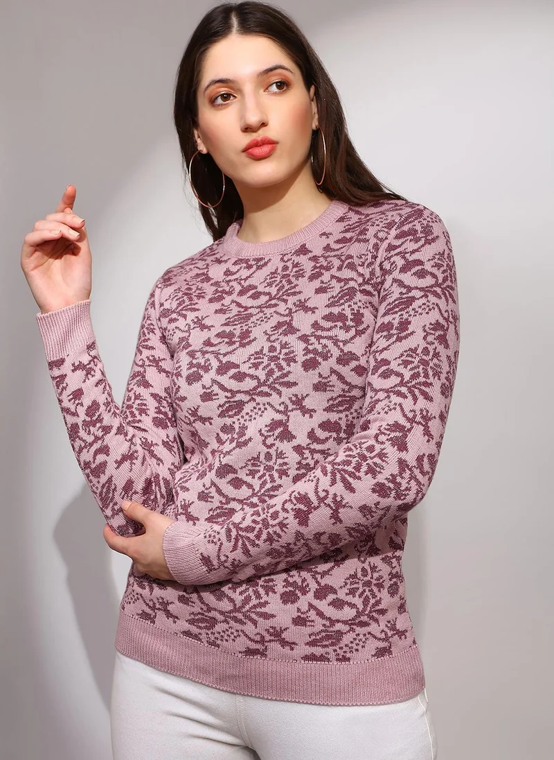 Globus Globus Women's Pink Winter Sweater with Round Neck and Floral Print