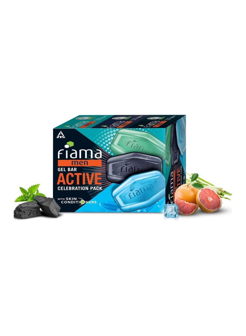 Fiama Men Gel Bar Active Celebration Pack with 3 unique gel bars, Charcoal and Grapefruit Gel Bar, Refreshing Pulse and Energising Sport for moisturised skin 125g soap (Pack of 2) - Image 2