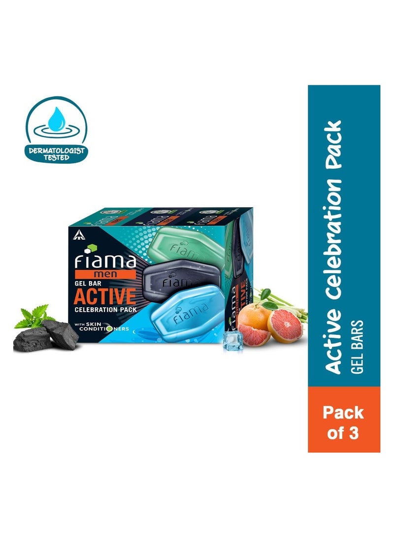 Fiama Men Gel Bar Active Celebration Pack with 3 unique gel bars, Charcoal and Grapefruit Gel Bar, Refreshing Pulse and Energising Sport for moisturised skin 125g soap (Pack of 2) - Image 3
