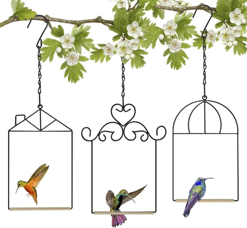 مقعد الطيور النحلية (Hummingbird Perch)، أرجوحة طيور نحلية (Hummingbird Swing)، إطار معدني (Metal Frame)، أرجوحة طيور نحلية مزودة بقضيب خشبي (Wooden Dowel)، مجموعة من 3 قطع لاستخدامها في الهواء الطلق. - Image 1