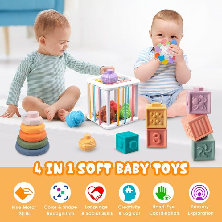 Plunack 4-in-1 Baby Toys Montessori Soft Stacking Blocks for Babies, Infants Teething Toys, Sensory Balls and Educational Learning Set for Toddlers (Boys & Girls) - Image 2
