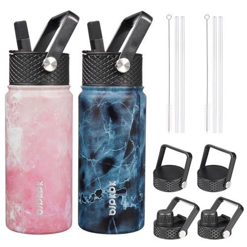 BJPKPK 2 Pack Insulated Water Bottles with Straw Lids 18oz Stainless Steel Metal Water Bottle with 6 Lids Leak Proof BPA Free Jugs Cups Flasks for Travel Sports BlossomOcean - Image 1