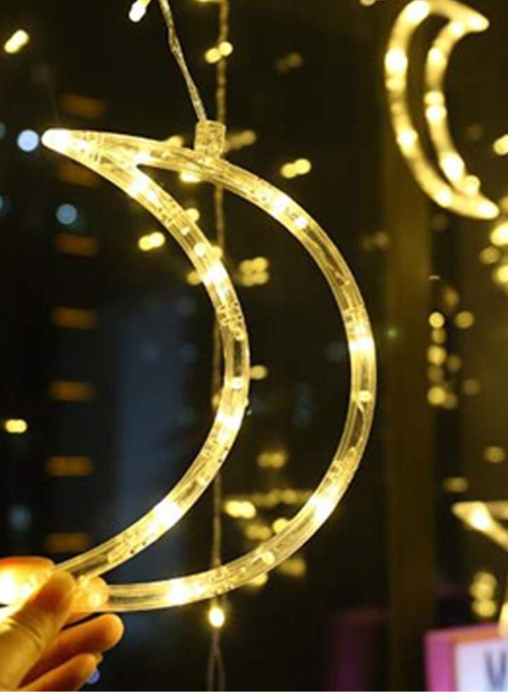مصباح رمضان بطول 3.5 متر لتزيين المنزل، مصباح LED على شكل نجمة وهلال، مناسب للديكور الداخلي والخارجي، أبيض دافئ، متعدد الأوضاع، 8 أوضاع إضاءة (مختلط، موجي، متسلسل، خافت، متحرك/وميض، تلاشي بطيء، وميض/وميض، ثابت)، يعمل بجهد 220 فولت. - Image 4