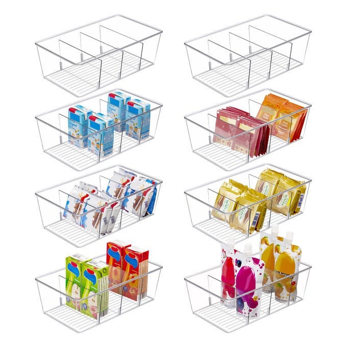 8 PACK FOOD STORAGE ORGANIZER BINS CLEAR PLASTIC BINS FOR PANTRY KITCHEN FRIDGE CABINET ORGANIZATION AND STORAGE 4 COMPARTMENT HOLDER FOR PACKETS SNACKS POUCHES SPICE PACKETS