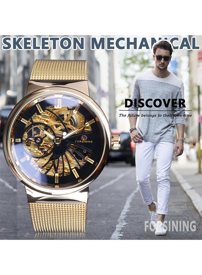 FORSINING Men's Mechanical Watch - Gold-Tone Mesh Strap with Black Dial, Minimalist Design, 30m Water Resistant, Hand-Winding Movement, Business Casual Style - Image 5