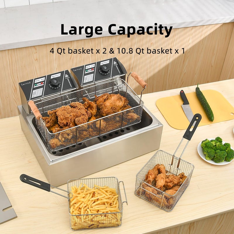 Swinod Commercial Deep Fryer with Baskets, 3400W 12.7QT/12L Thickened Stainless Steel Countertop Electric Oil Fryer, Large Capacity with Temperature Control (12L Pro) - Image 3