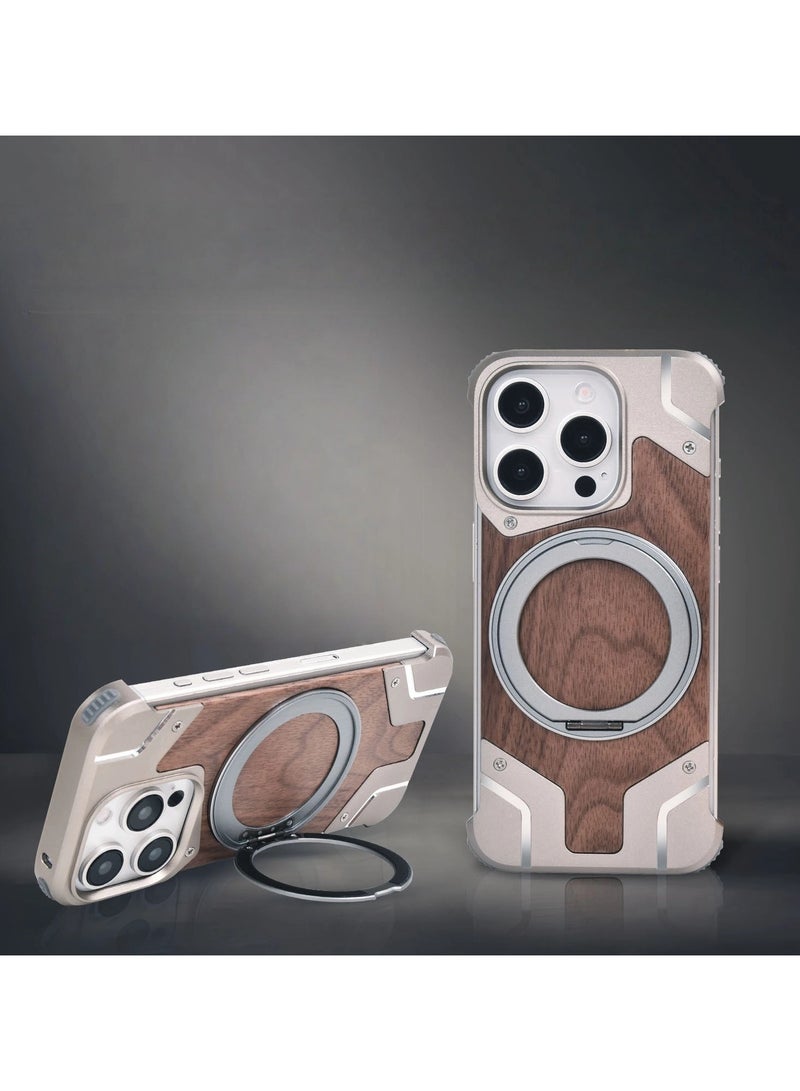 عام "غطاء عديم الإطار لـ iPhone 16 Pro Max مع حامل مغناطيسي دوار متوافق مع MagSafe، إطار متناهي الرقة، غلاف ألومنيوم خالٍ من المعادن، مع حامل خلفي شفاف عديم الإطار"