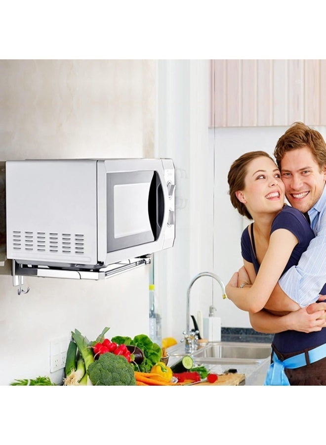 Arabest Universal Stainless Steel Microwave Oven Wall Mount Bracket with Removable Hooks, Arm Adjustable Foldable Kitchen Stretch Oven Stand Shelf Rack Load 100LB - Image 3