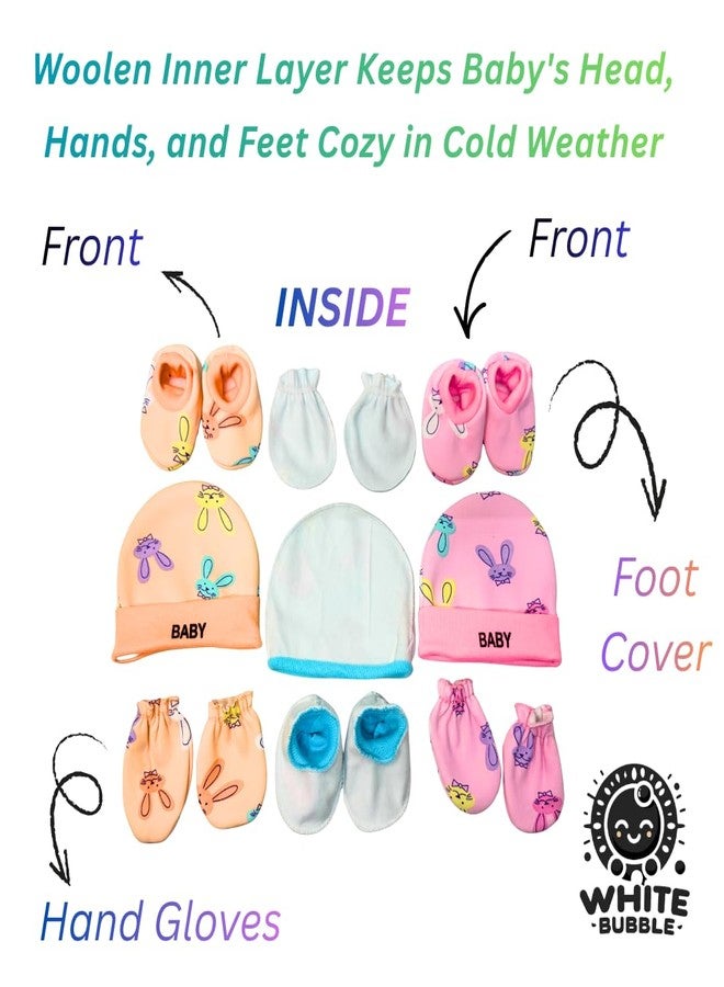 White Bubble Newborn Winter Cap Mittens Booties Combo | Extra Warm Wool Layer | Anti‑Scratch Gloves | 0-12 Months | - Image 5