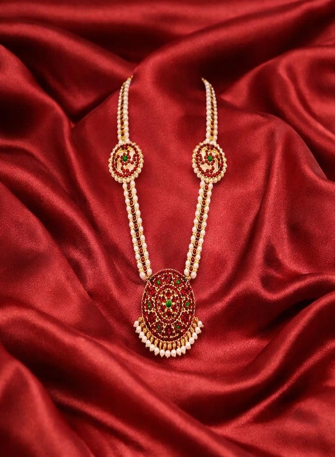 MOONPLUS Gold Plated Bharatanatyam and Kuchipudi Classical Dance Haram Jewellery | Long Necklace | Back Side of Chain Adustable Knot Rope | Traditional Attigai for Women and Girls - Image 3