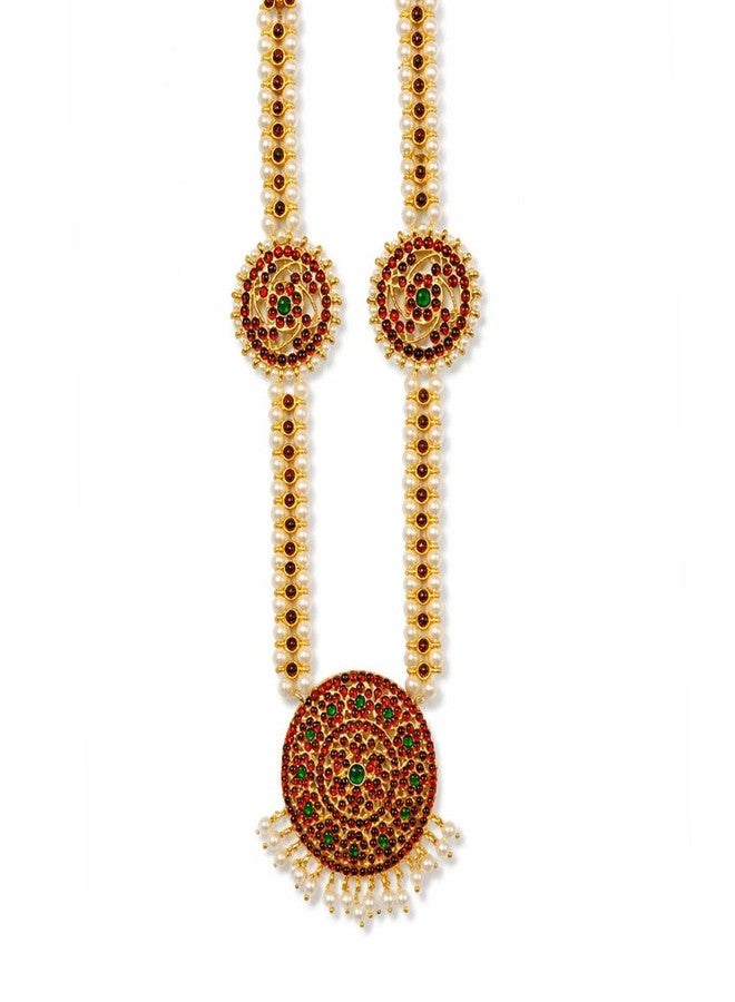 MOONPLUS Gold Plated Bharatanatyam and Kuchipudi Classical Dance Haram Jewellery | Long Necklace | Back Side of Chain Adustable Knot Rope | Traditional Attigai for Women and Girls - Image 1