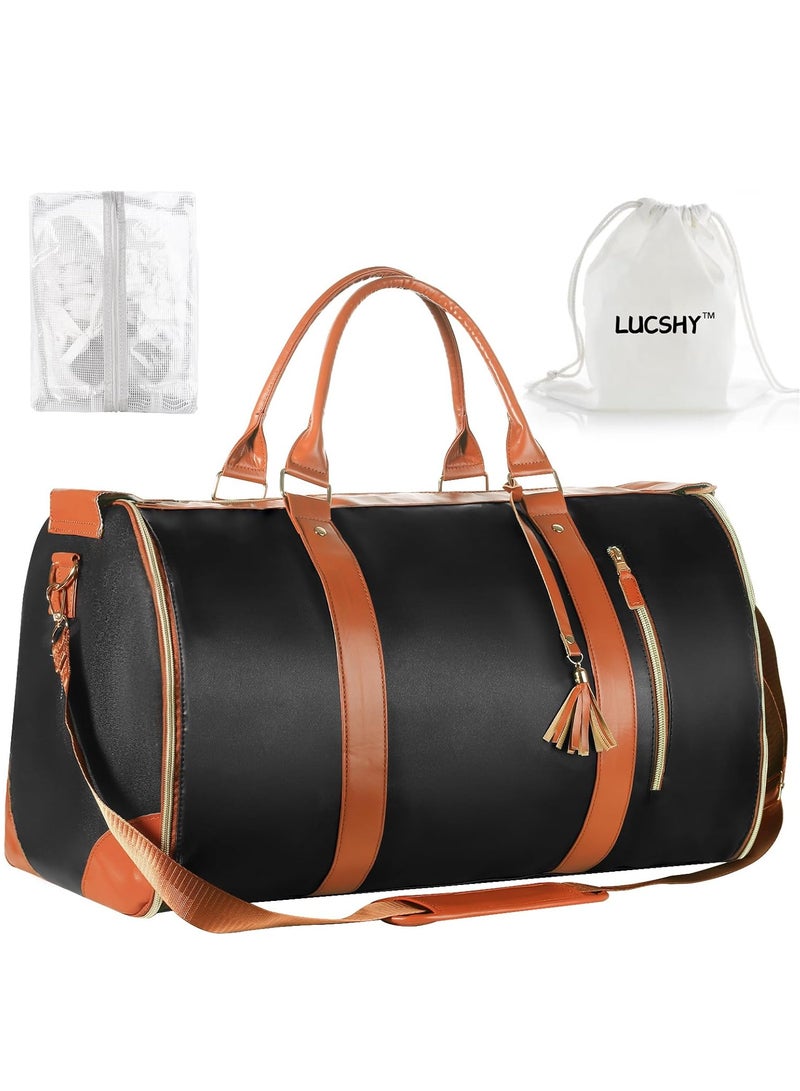 Generic Travel Bag Leather 2 In 1 Travel Bag Garment Bag Convertible Waterproof Duffle Bag With Shoe Pouch And Removable Shoulder Strap Fashionable Foldable Suit Bag, Unisex Multifunctional Travel Bag, Portable PU Storage Travel Bag  - Image 3