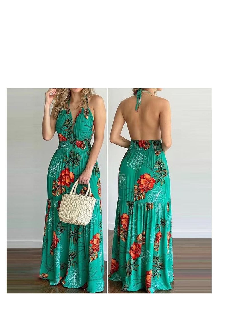 Loquat Summer's New Fashion Print Backless Dress 