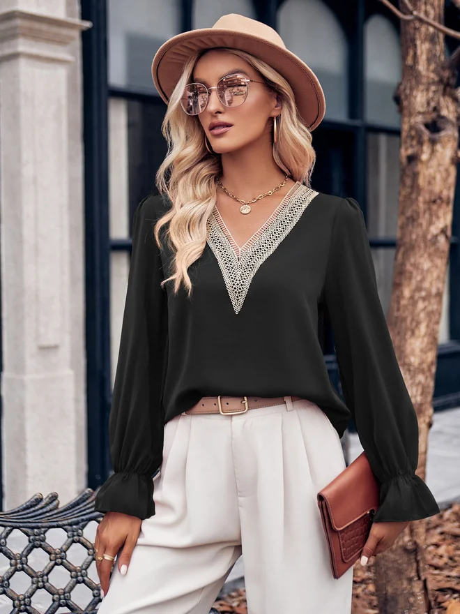 Take Two Take Two Embroidered V Neck Long Sleeves Top