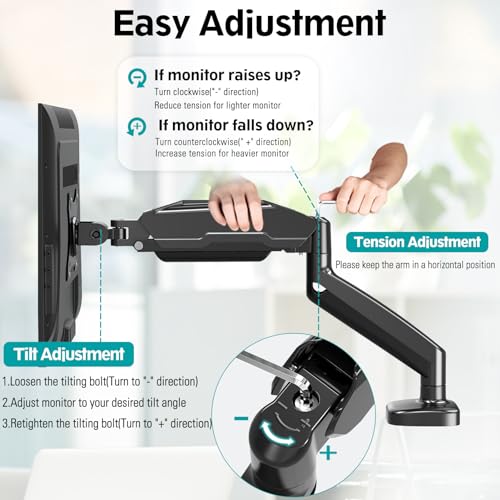 MOUNT PRO Single Monitor Desk Mount - Articulating Gas Spring Arm, Removable VESA Monitor Mount Computer Monitor Stand with Clamp and Grommet Base Fits 13 to 32 Inch Screen, VESA 75x75, 100x100, Black - Image 2